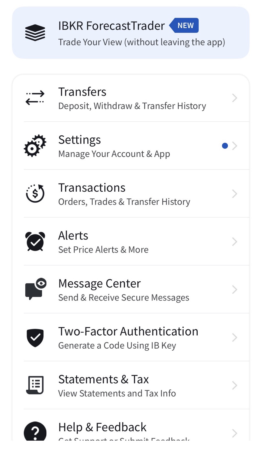 IBKR mobile app main menu showing trading, transfers, and account management options