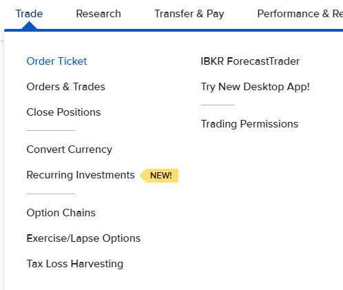 IBKR Client Portal trade menu showing stock search and order entry options