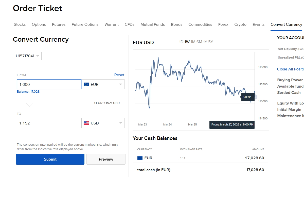 IBKR Client Portal currency conversion screen showing EUR to USD conversion with live rate and fee