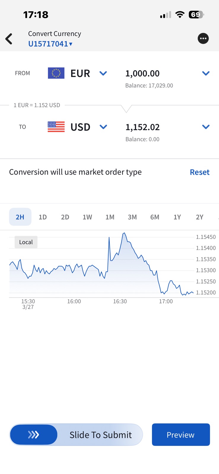 IBKR mobile app currency conversion screen showing EUR to USD exchange