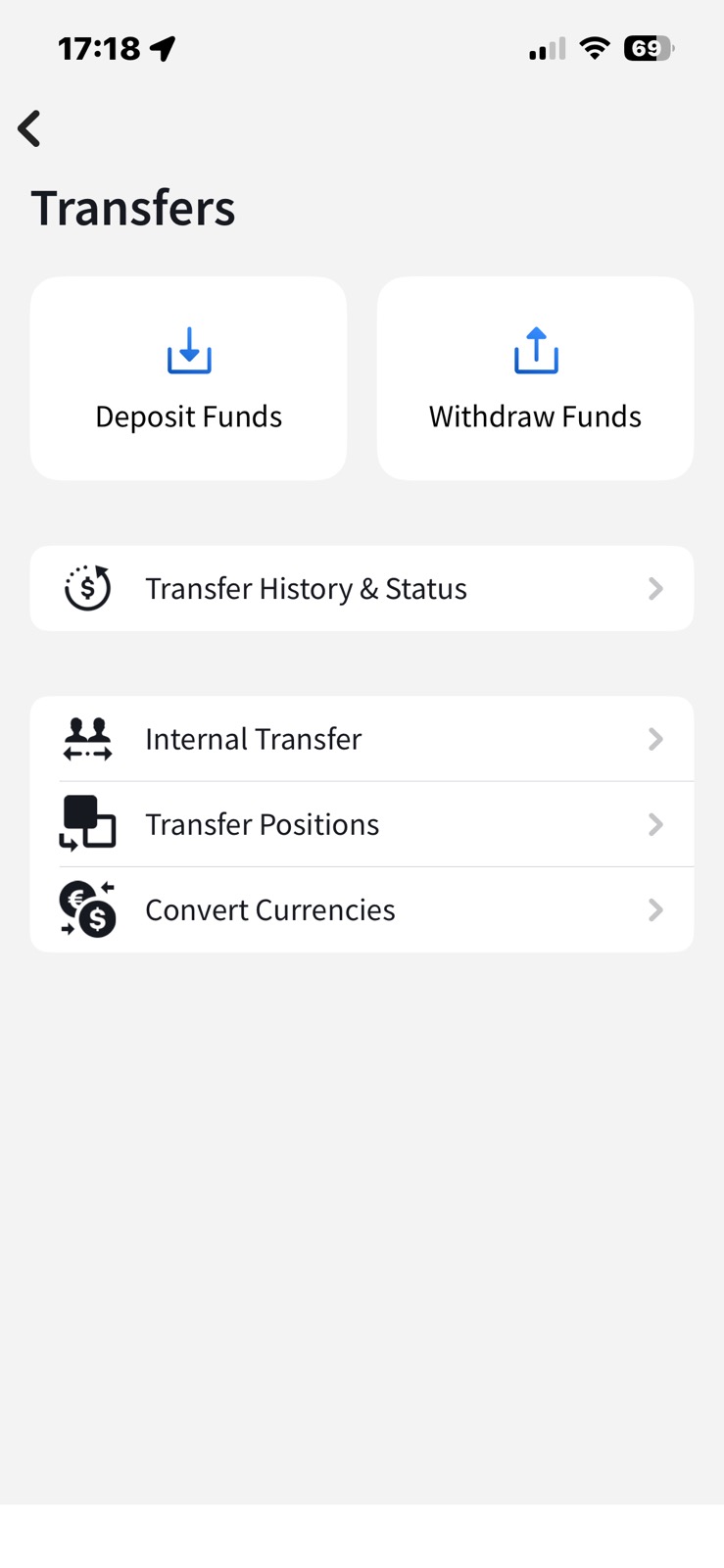 How to buy US stocks Europe: IBKR mobile app Transfers page showing bank transfer options