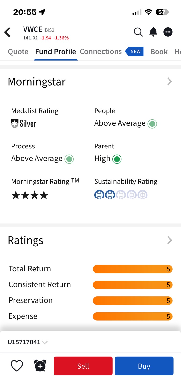 IBKR mobile app Fund Profile tab for VWCE showing Morningstar Silver rating and 4-star rating