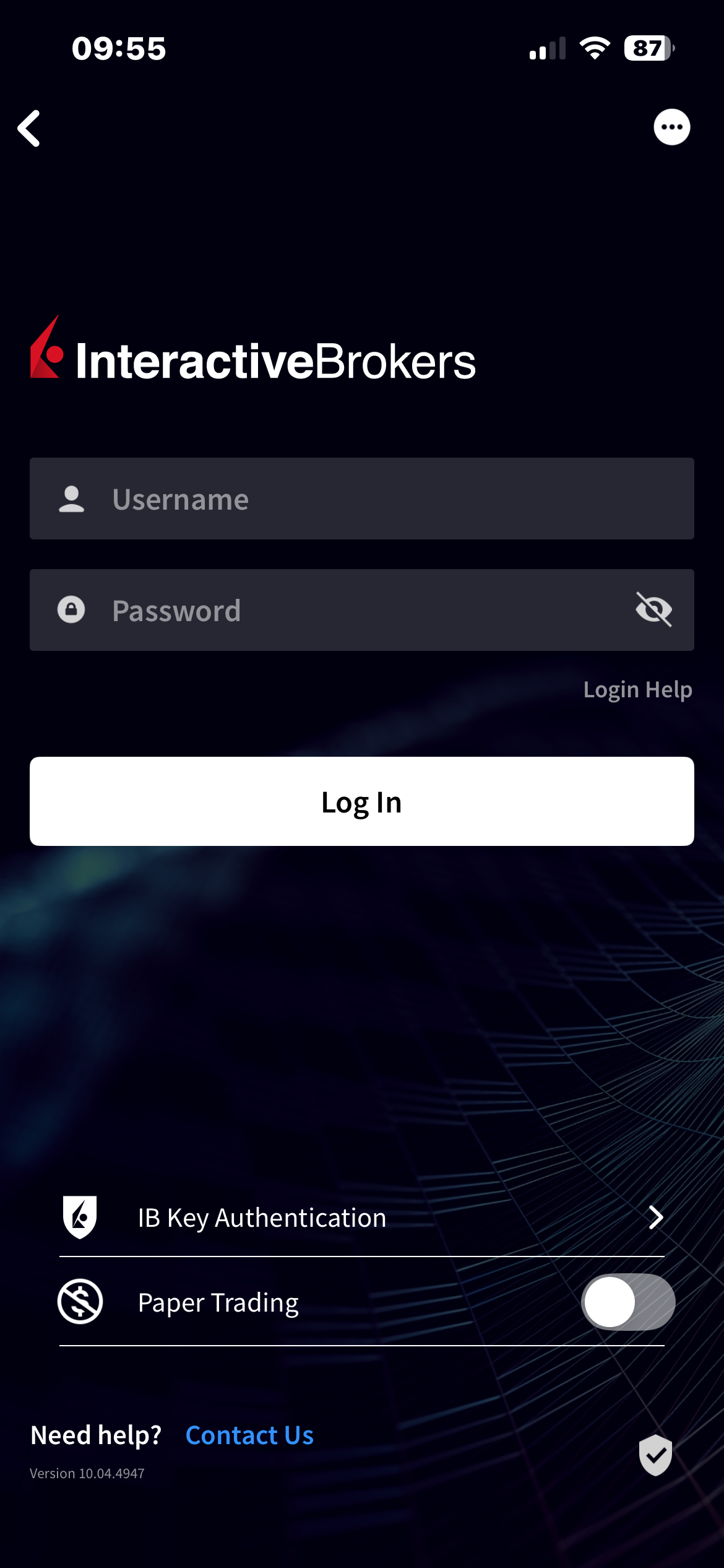 IBKR Mobile login screen with IB Key Authentication and Paper Trading options