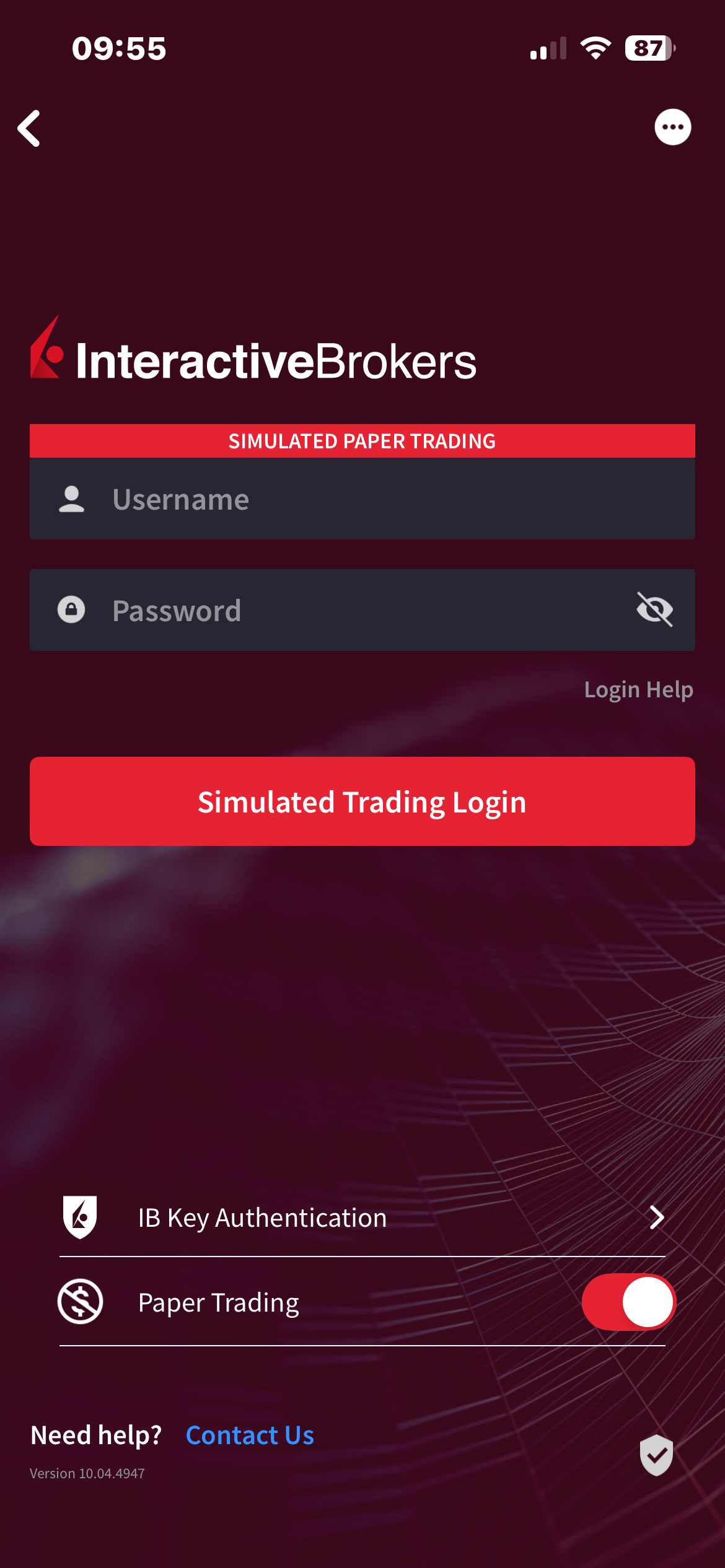 IBKR Mobile paper trading login screen with simulated trading mode toggled on
