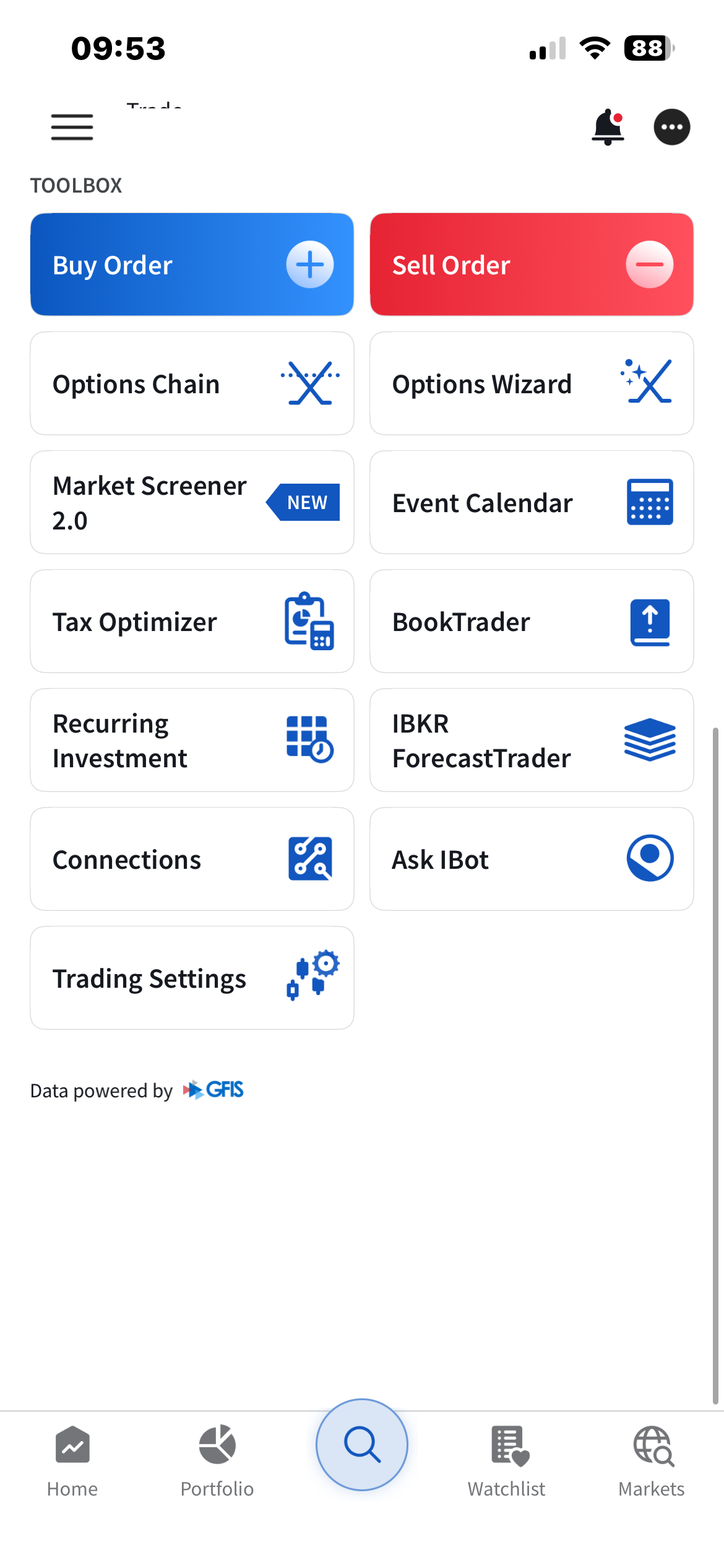 IBKR Mobile trading toolbox showing Options Chain, Options Wizard, Market Screener, Tax Optimizer, and more
