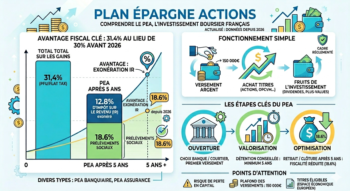 Infographie PEA : résumé des règles, plafonds, fiscalité et avantages du plan épargne actions en 2026